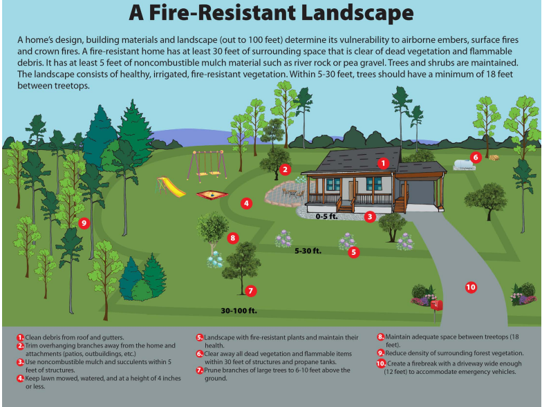 This image describes what all to consider when thinking about fire-wise landscaping