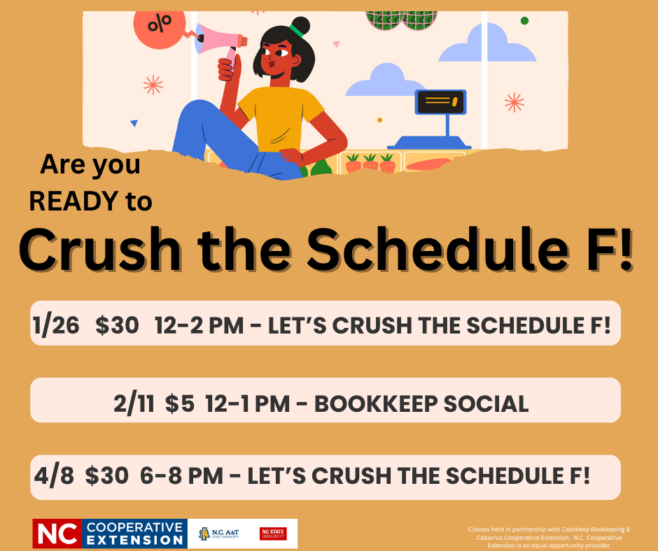 graphic showing upcoming classes. January 26, 2026 12-2 p.m .Let's crush the schedule f for $30. February 11 from 12-1 p.m. join us for a bookkeeping social for $5 and April 8 from 6-8 p.m Let's crush the schedule for $30.